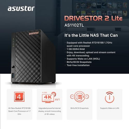 Asustor Drivestor 2 Lite AS1102TL2 Bay NAS, Quad-core 1.7GHz CPU, 1GBE Port, 1G - AS1102TL