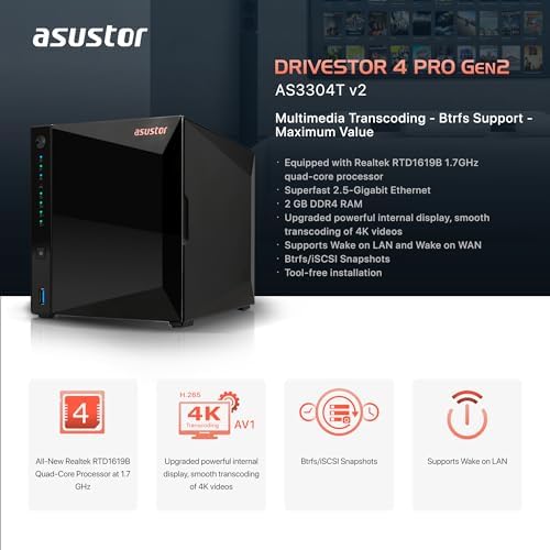 Asustor Drivestor 4 Pro G2 AS3304T V2, 4 Bay NAS, Quad-Core 1.7GHz CPU, 2.5GBE - AS3304T V2